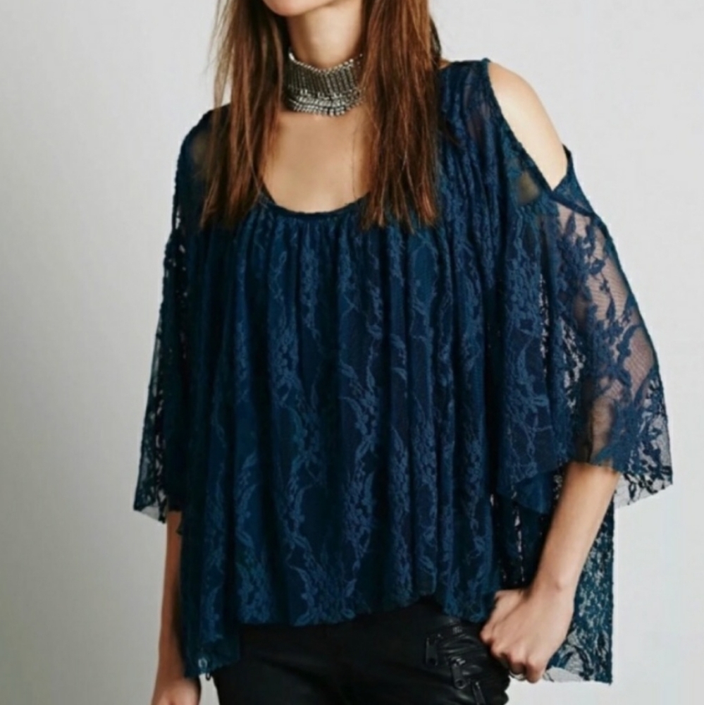 FREE PEOPLE teal lace Lost in Austin Swing Top